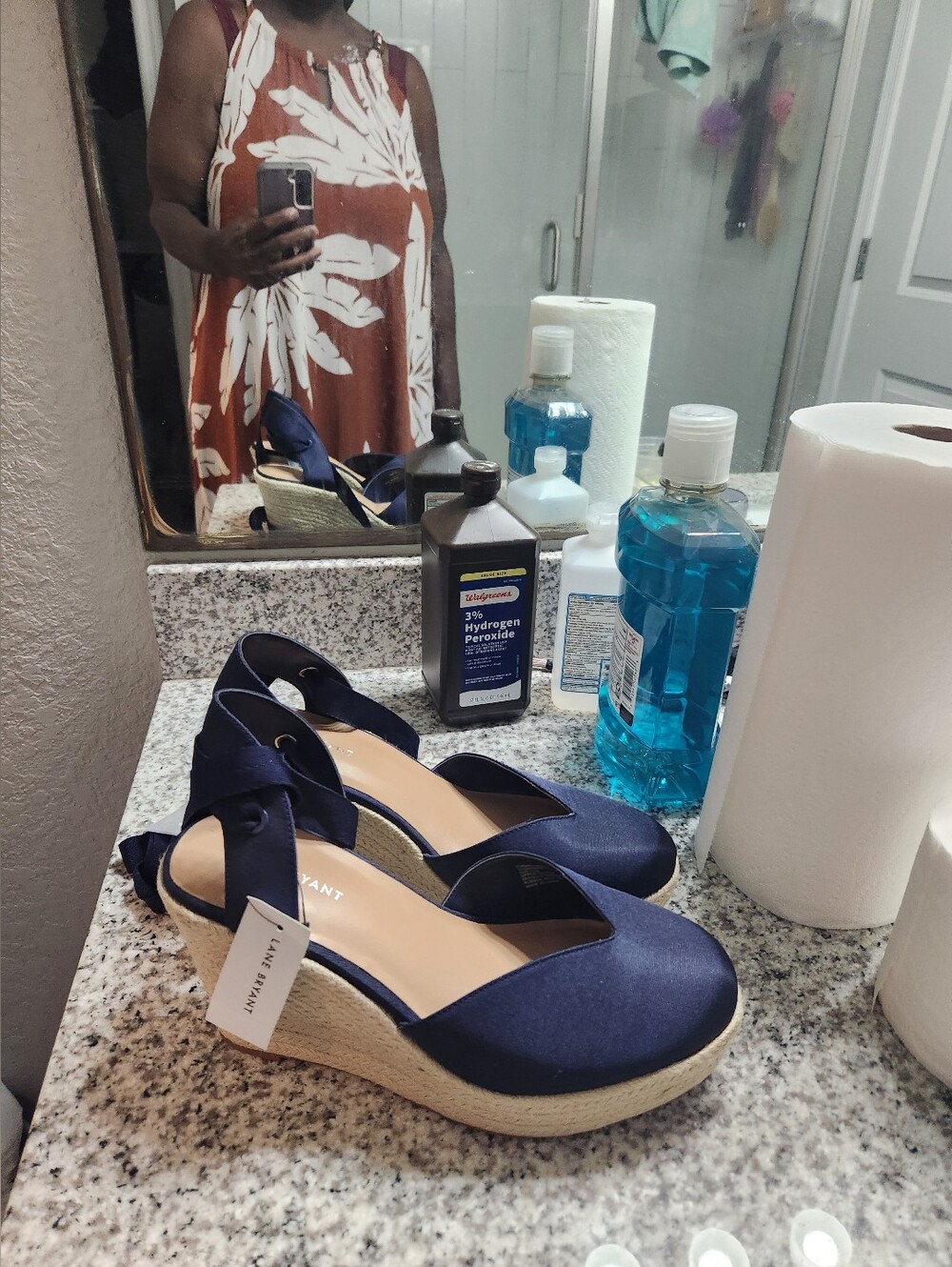 Lane Bryant Navy Satin Espadrille Wedges with Ankle Tie